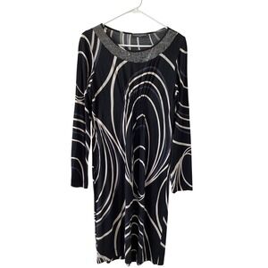 Sandro Ferrone Roma Black Swirl Print Beaded Neckline Long‎ Sleeve Dress Italy L